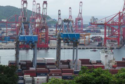 general view shows containers cranes Keelung harbour